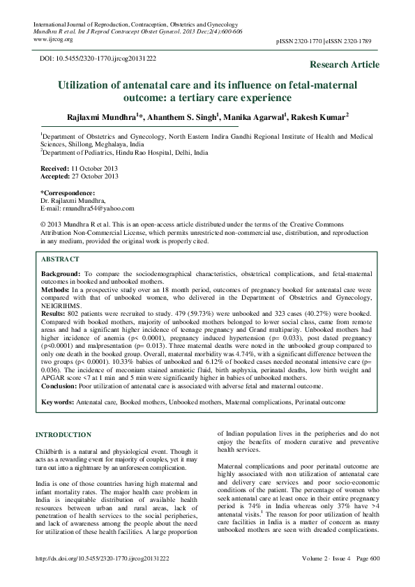 (PDF) Utilization of antenatal care and its influence on fetal-maternal ...