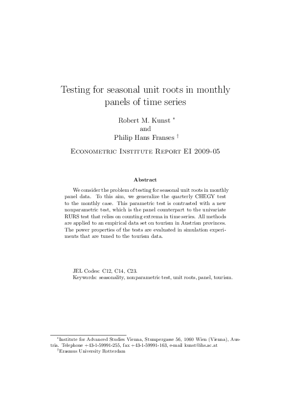 (PDF) Testing for Seasonal Unit Roots in Monthly Panels of Time Series* Robert Kunst