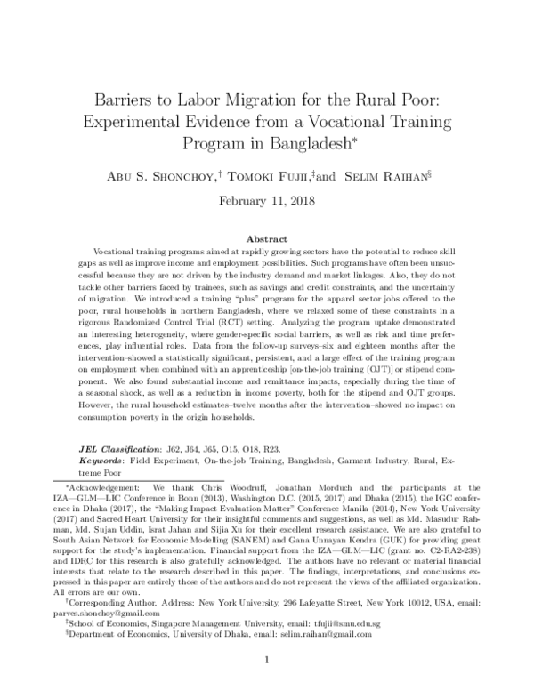 (PDF) Barriers to Labor Migration for the Rural Poor: Experimental ...