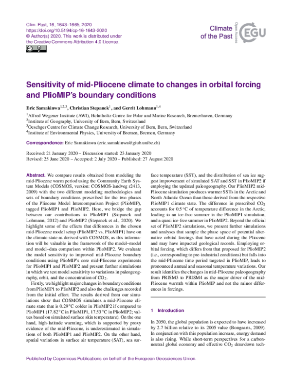 (PDF) Sensitivity of mid-Pliocene climate to changes in orbital forcing ...