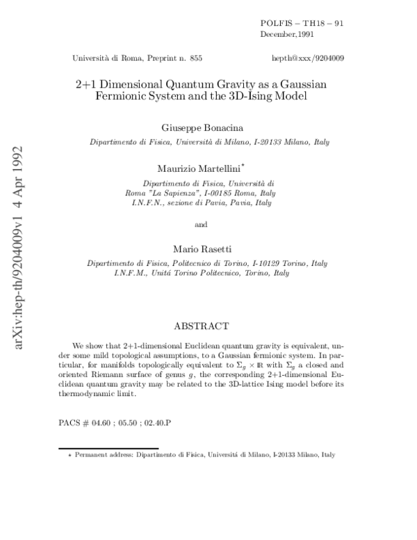 (PDF) 2+1 Dimensional Quantum Gravity as a Gaussian Fermionic System ...