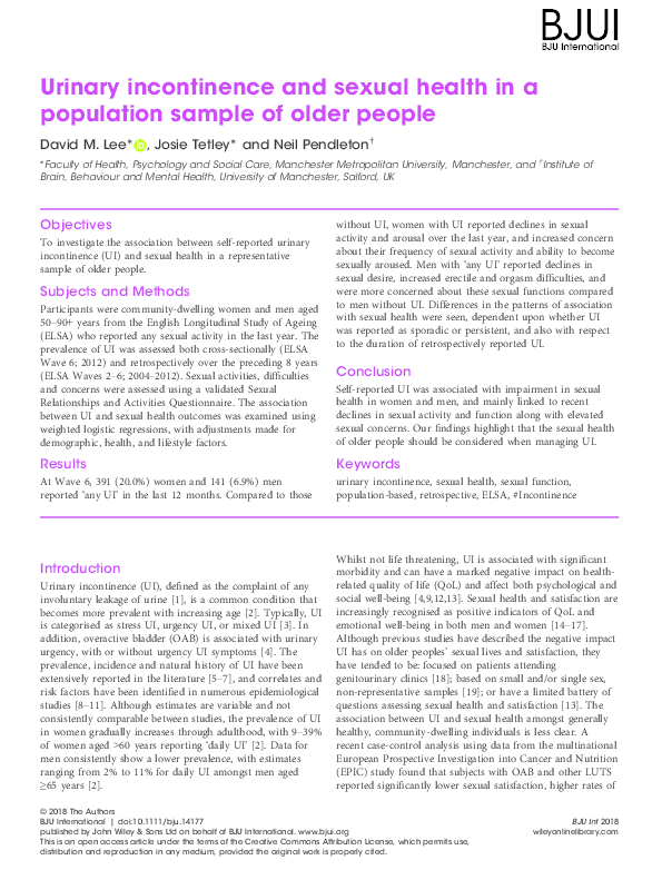 (PDF) Urinary incontinence and sexual health in a population sample of ...