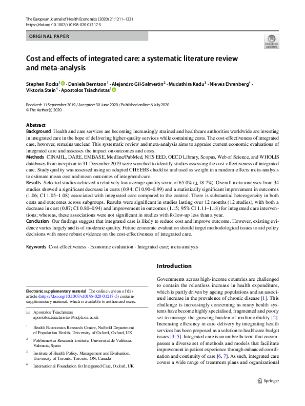 (PDF) Cost and effects of integrated care: a systematic literature ...