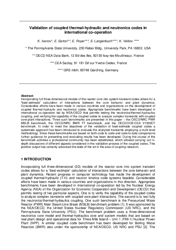 (PDF) Validation of Coupled Thermal-Hydraulic and Neutronics Codes for ...