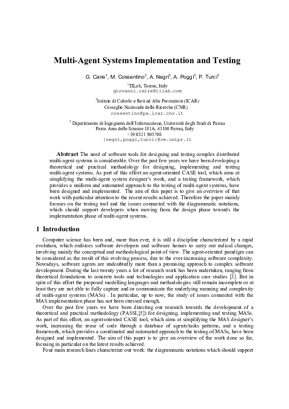 (PDF) Multi-agent systems implementation and testing