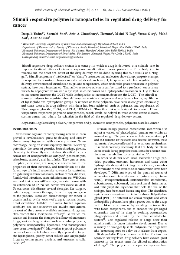 (PDF) Stimuli responsive polymeric nanoparticles in regulated drug ...
