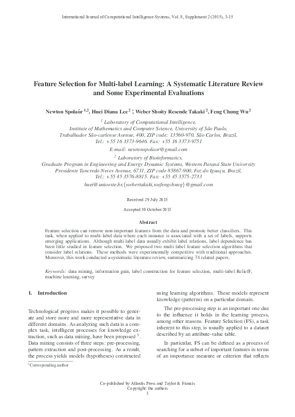 (PDF) Feature Selection for Multi-label Learning: A Systematic ...