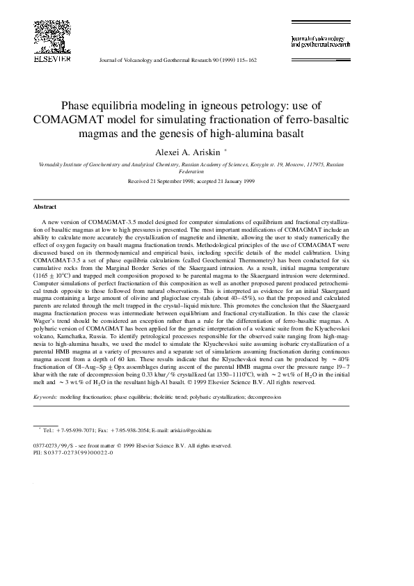 (PDF) Phase equilibria modeling in igneous petrology: use of COMAGMAT ...
