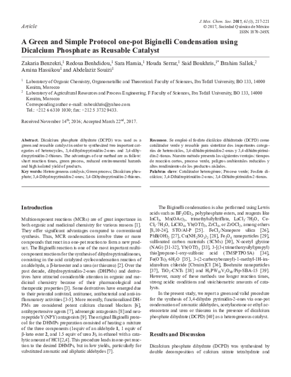 (PDF) A Green and Simple Protocol one-pot Biginelli Condensation using ...