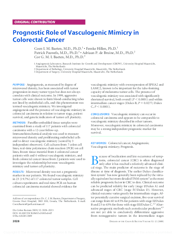 (PDF) Prognostic Role of Vasculogenic Mimicry in Colorectal Cancer