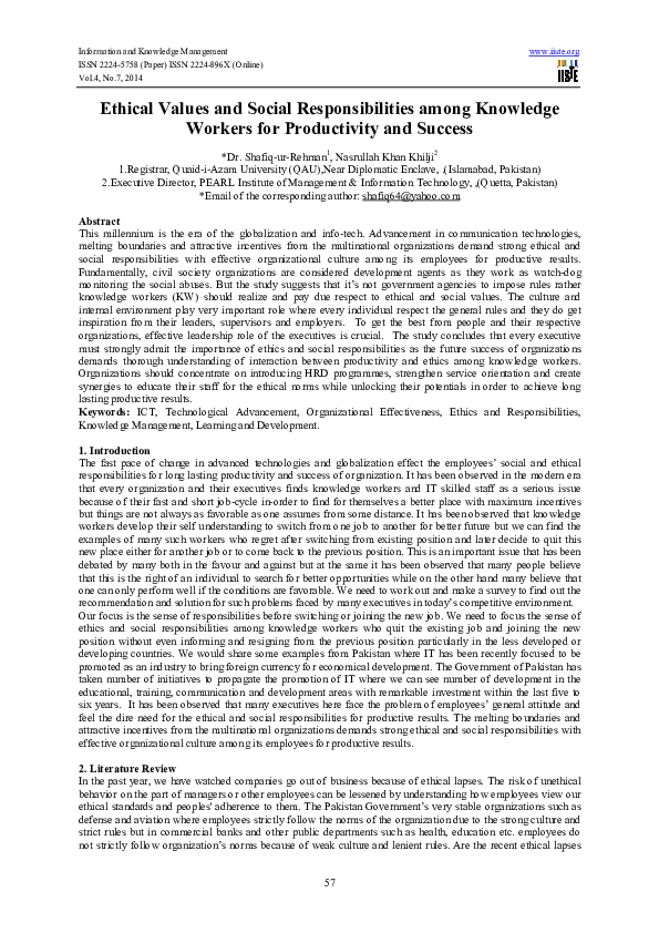 (PDF) Ethical Values and Social Responsibilities among Knowledge ...