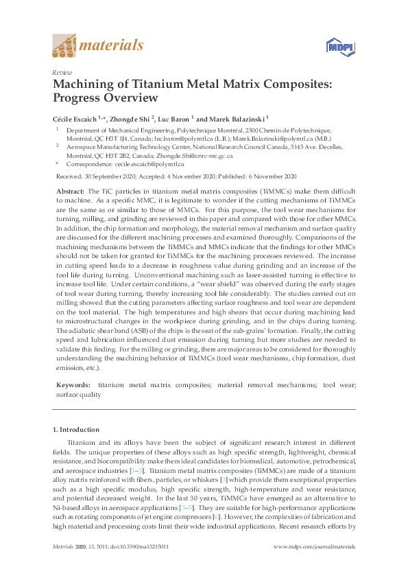 (PDF) Machining of Titanium Metal Matrix Composites Progress Overview