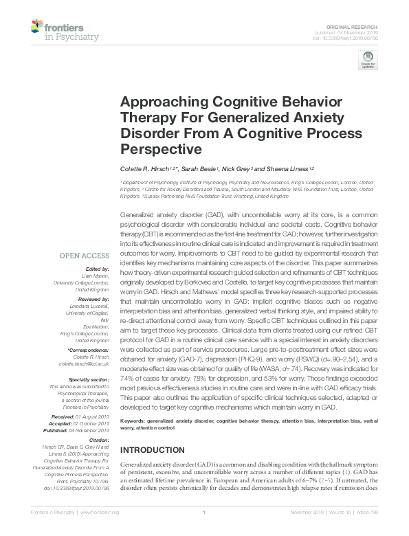(PDF) Approaching Cognitive Behavior Therapy For Generalized Anxiety ...