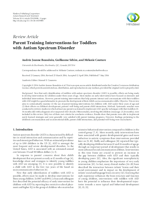 (PDF) Parent Training Interventions for Toddlers with Autism Spectrum ...