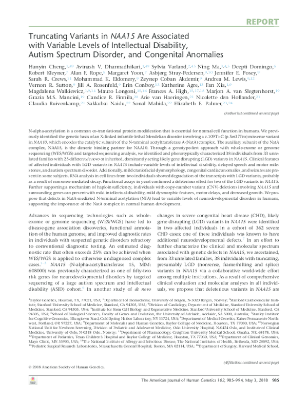 (PDF) Truncating Variants in NAA15 Are Associated with Variable Levels ...