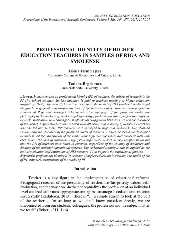 (PDF) Professional Identity of Higher Education Teachers in Samples of ...