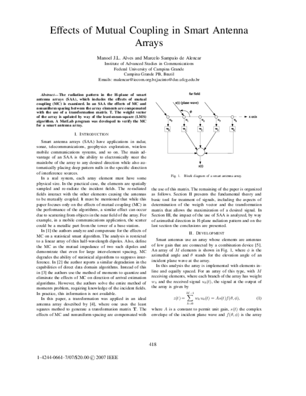 (PDF) Effects of mutual coupling in smart antenna arrays