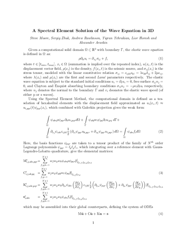 Pdf A Spectral Element Solution Of The Wave Equation In 3d