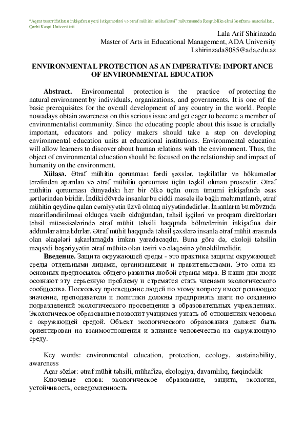 (PDF) ENVIRONMENTAL PROTECTION AS AN IMPERATIVE: IMPORTANCE OF ...