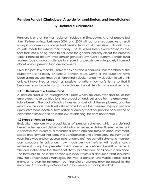 (PDF) Pension Funds in Zimbabwe: A guide for contributors and beneficiaries