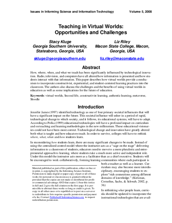 (PDF) Teaching in Virtual Worlds: Opportunities and Challenges