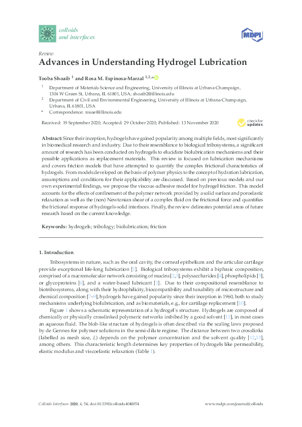 (PDF) Advances in Understanding Hydrogel Lubrication