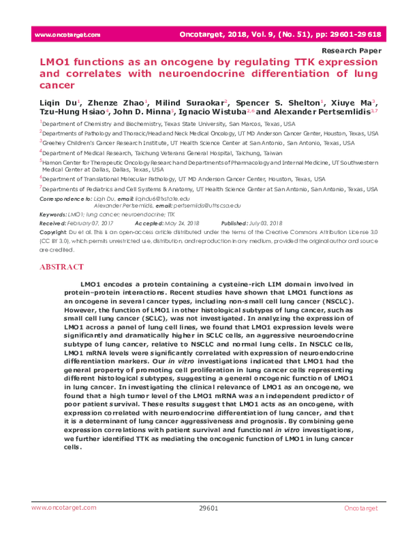 (PDF) LMO1 functions as an oncogene by regulating TTK expression and ...