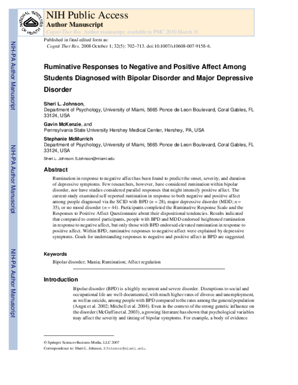 (PDF) Ruminative Responses to Negative and Positive Affect Among ...