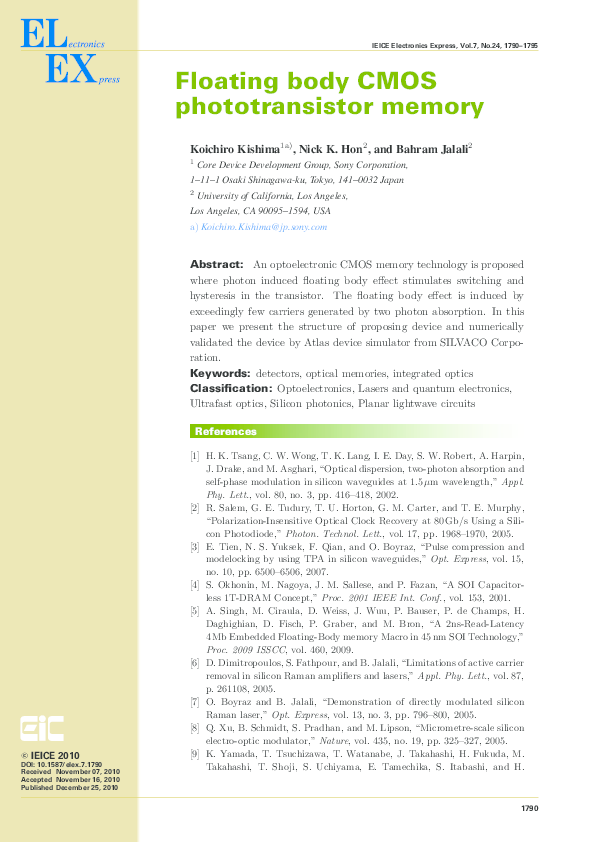 (PDF) Floating body CMOS phototransistor memory