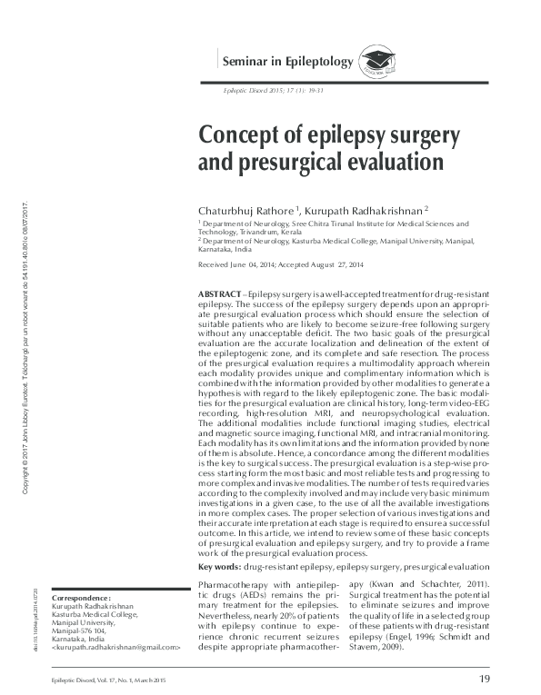 (PDF) Concept of epilepsy surgery and presurgical evaluation