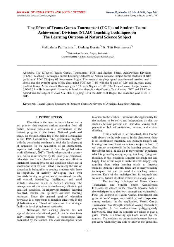 (PDF) The Effect of Teams Games Tournament (TGT) and Student Teams ...