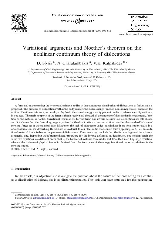 Pdf Variational Arguments And Noether S Theorem On The Nonlinear Continuum Theory Of Dislocations Vassilios Kalpakides Academia Edu