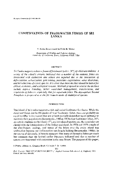 (PDF) Conservation of freshwater fishes of Sri Lanka