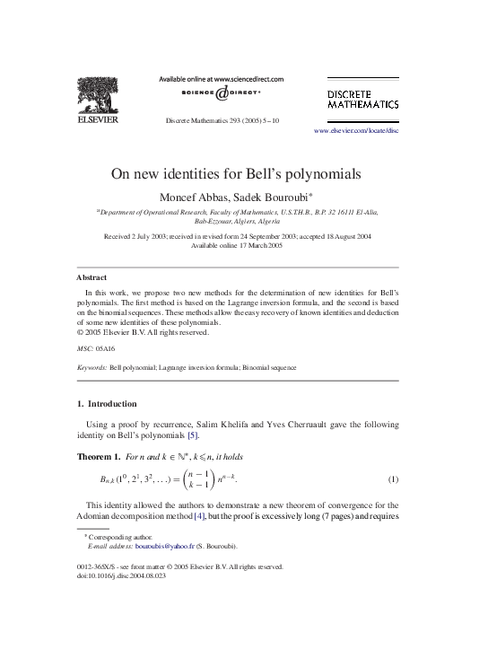(PDF) On new identities for Bell's polynomials