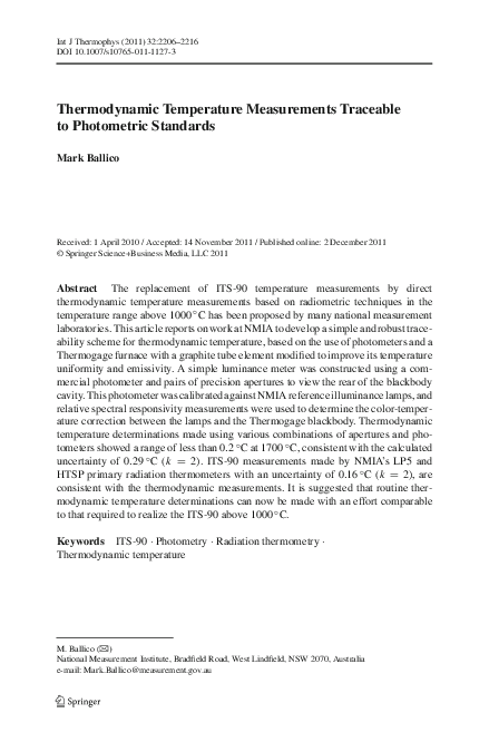 (PDF) Thermodynamic Temperature Measurements Traceable to Photometric ...