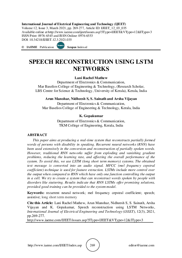 (PDF) SPEECH RECONSTRUCTION USING LSTM NETWORKS