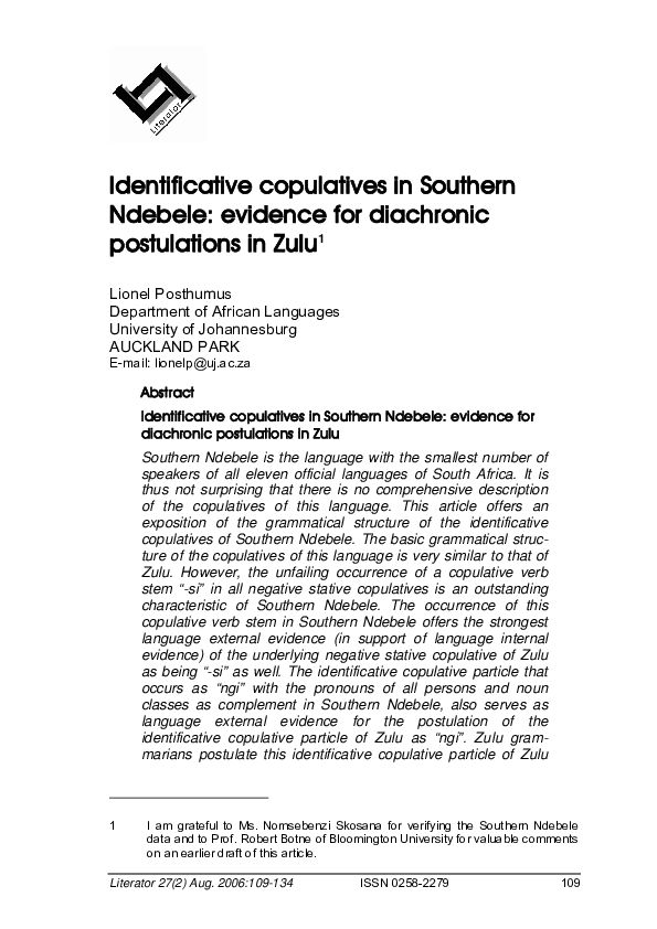 (PDF) Identificative copulatives in Southern Ndebele: evidence for ...