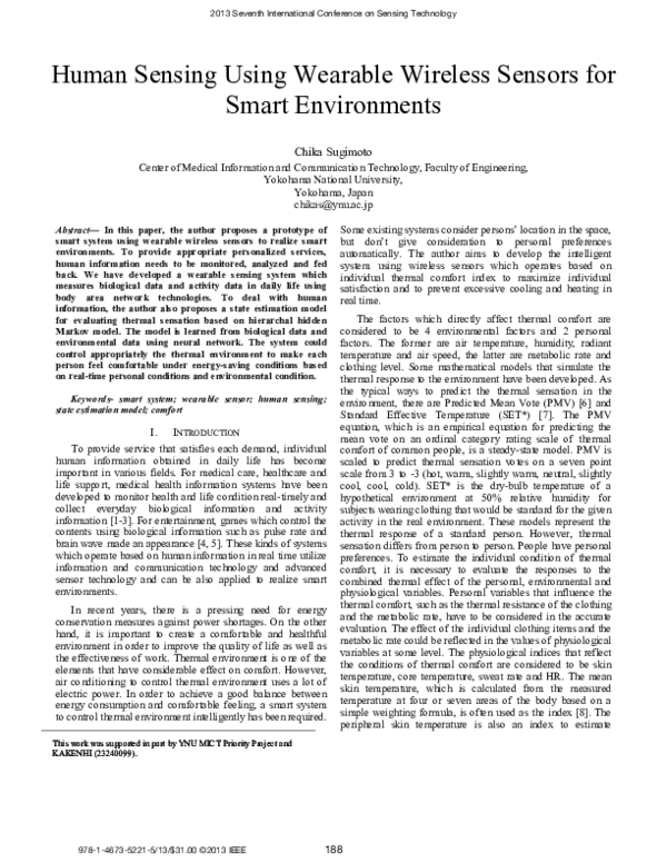 (PDF) Human sensing using wearable wireless sensors for smart environments