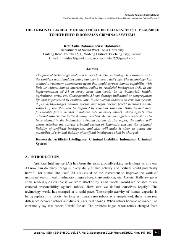 (PDF) The Criminal Liability of Artificial Intelligence: Is It ...