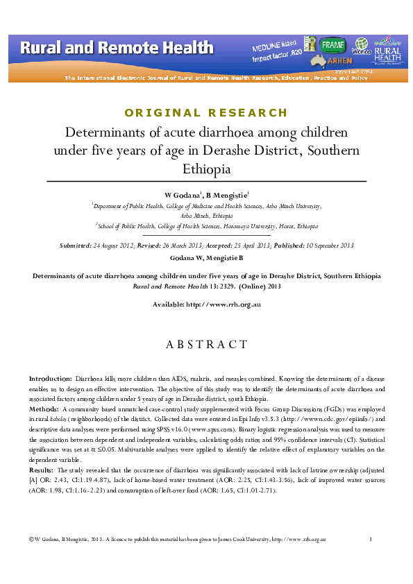 (PDF) Determinants of acute diarrhoea among children under five years ...