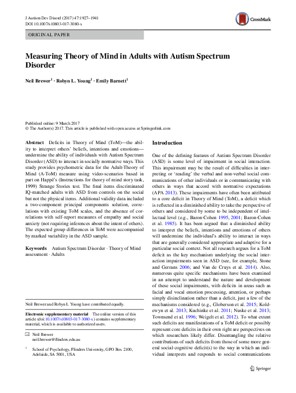 (PDF) Measuring Theory of Mind in Adults with Autism Spectrum Disorder
