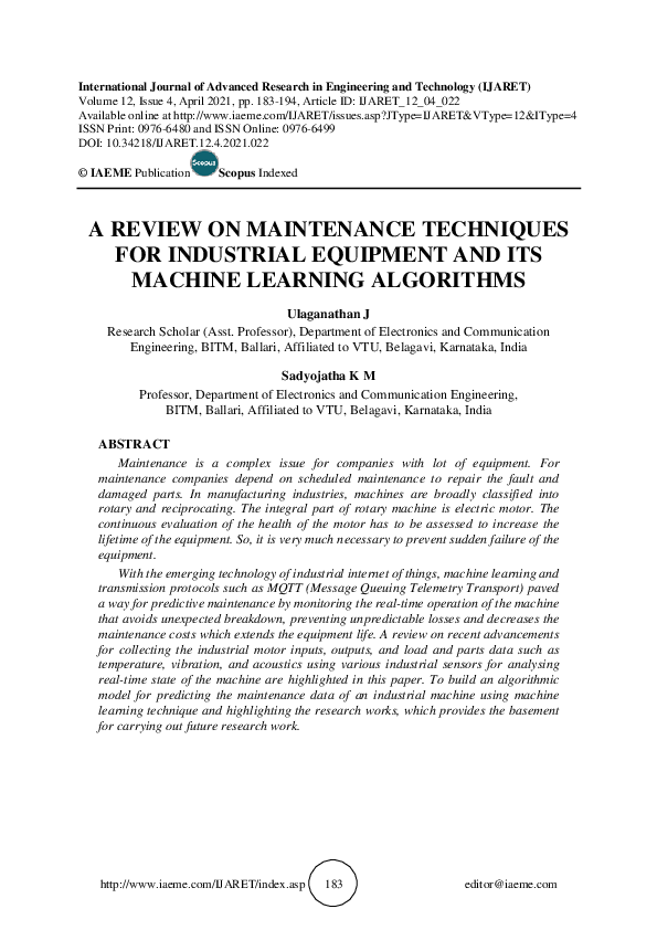 (PDF) A REVIEW ON MAINTENANCE TECHNIQUES FOR INDUSTRIAL EQUIPMENT AND ...