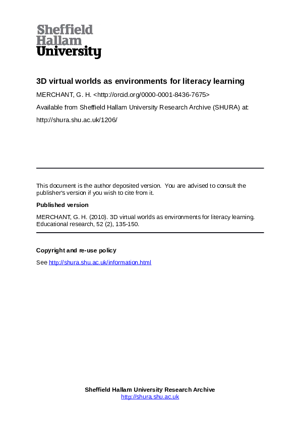 (PDF) 3D virtual worlds as environments for literacy learning