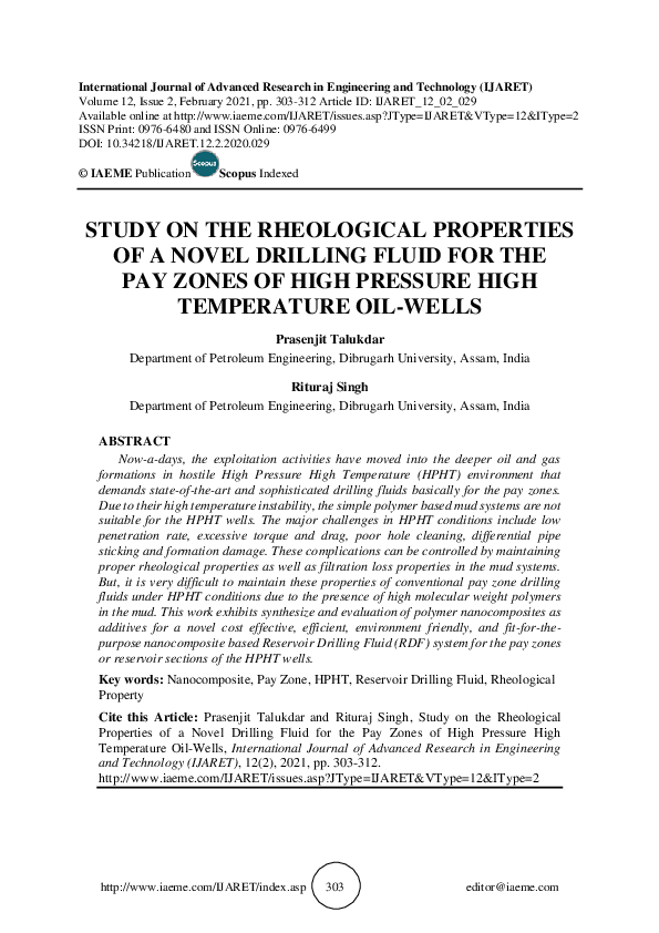 (PDF) STUDY ON THE RHEOLOGICAL PROPERTIES OF A NOVEL DRILLING FLUID FOR ...