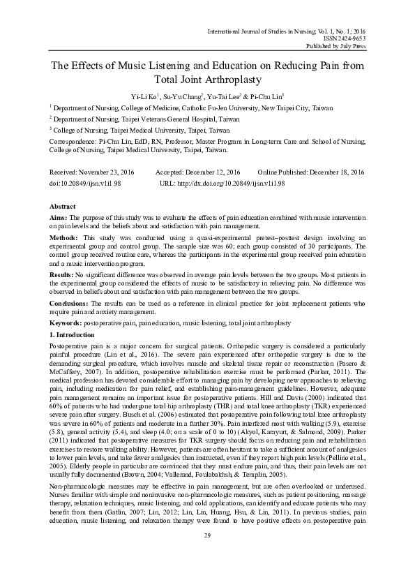 (PDF) The Effects of Music Listening and Education on Reducing Pain ...