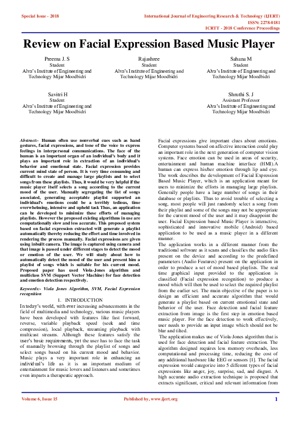(PDF) IJERTReview on Facial Expression Based Music Player IJERT
