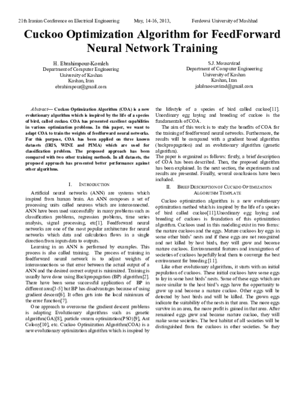 (PDF) Cuckoo Optimization Algorithm for FeedForward Neural Network Training