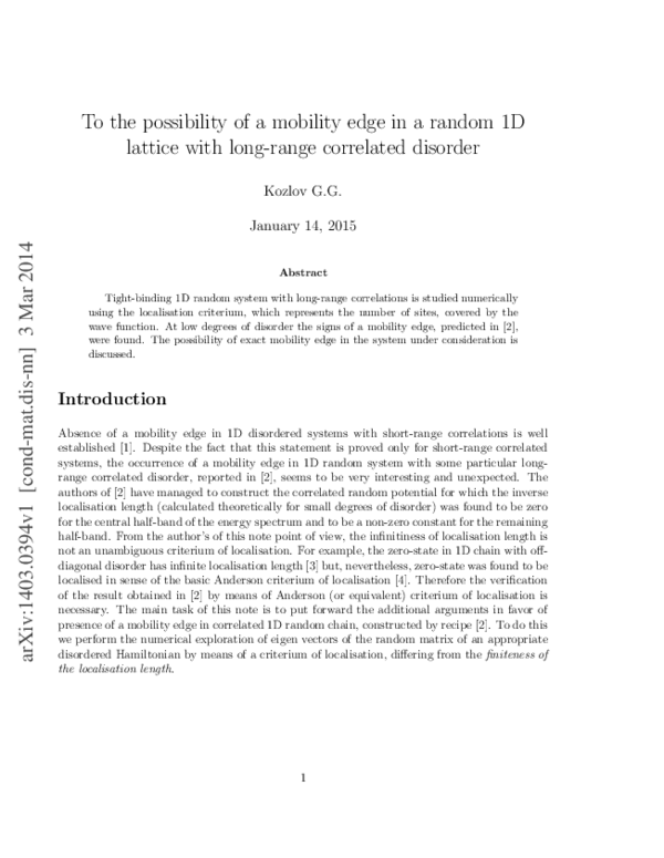 (PDF) To the possibility of a mobility edge in a random 1D lattice with ...