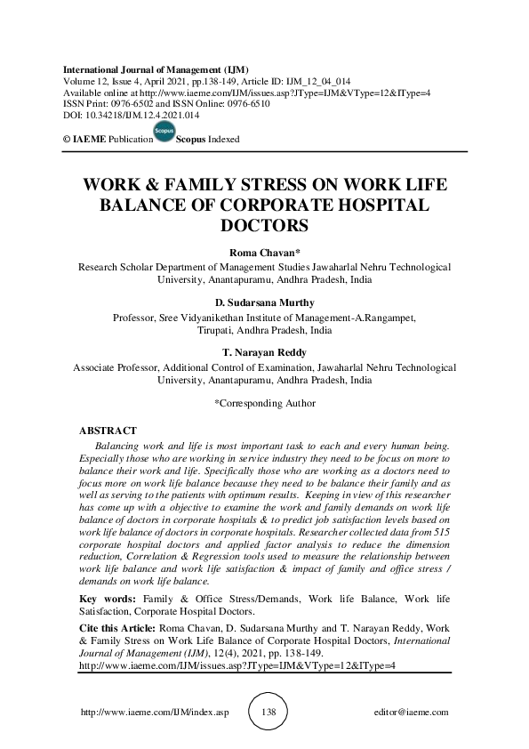 (PDF) WORK & FAMILY STRESS ON WORK LIFE BALANCE OF CORPORATE HOSPITAL ...
