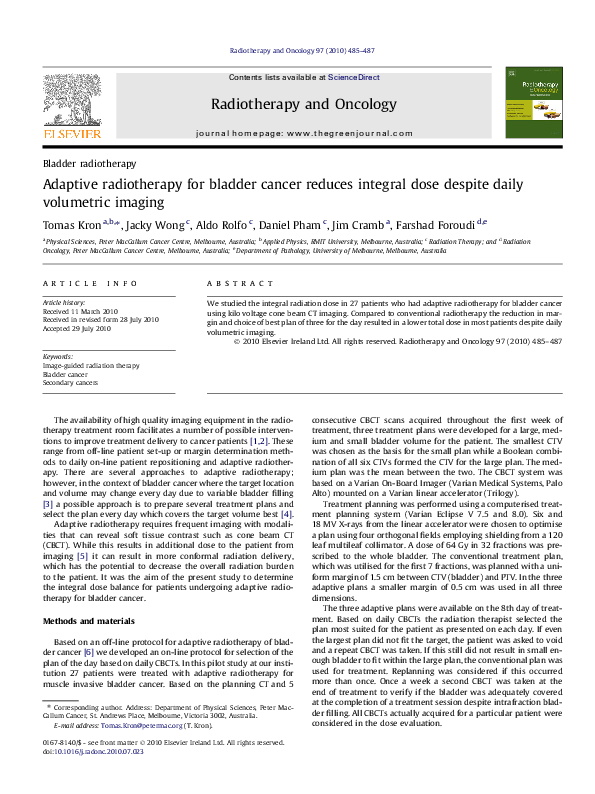 (PDF) Adaptive radiotherapy for bladder cancer reduces integral dose ...